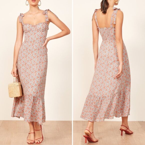 White Floral Ruffle Long Midi Dress by Manu Reformation Nikita Shelby Blue Red 2 - Picture 3 of 16